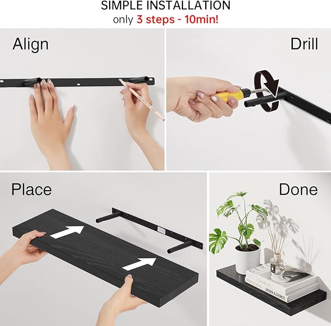 BAYKA Floating Shelves Set of 2, 22.5 inches Black Wall Mounted Shelves for Bathroom, Bedroom, Living Room, Kitchen & Book, Hanging Display Decor Organizer Shelf with 22 lbs Capacity