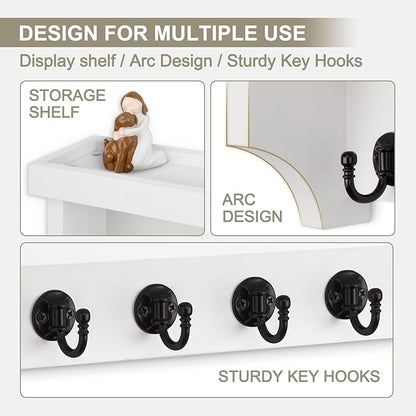 Key and Mail Holder Wall Mount, Key Holder with Shelf and Mail Organizer Wall Mount. Mail Holder with 5 Hooks for Coat, Dog Leash, Home Decor Rack, Entry Way Organizer (White)