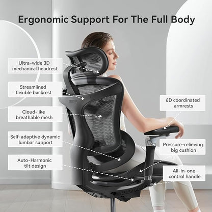 SIHOO Doro C300 Pro Ergonomic Office Chair with Ultra-Soft 6D Armrests, Dynamic Lumbar Support, Seat Depth Adjustment, Adjustable Backrest, Big and Tall Desk Chair for Home Office (Black)