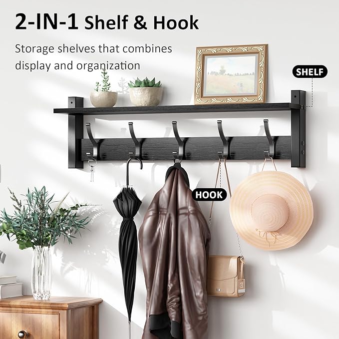 Coat Rack Wall Mount with Shelf, 24 Inch Coat Hanger Walls Mounted, Hat Rack for Walls, Shelf with 5 Coat Hooks, Wall Hanger for Entryway (Black)