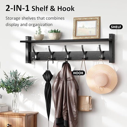 Coat Rack Wall Mount with Shelf, 24 Inch Coat Hanger Walls Mounted, Hat Rack for Walls, Shelf with 5 Coat Hooks, Wall Hanger for Entryway (Black)