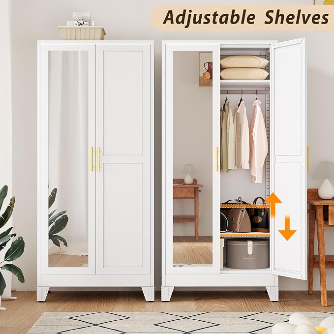 Metal Wardrobe Storage Cabinet with Mirror and Hanging Rod,71'' Metal Clothing Cabinet with 2 Doors and 2 Adjustable Shelves for Bedroom, Laundry Room, Cloak Room (White)