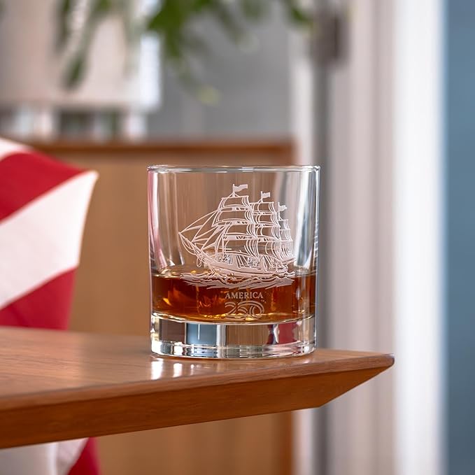 Rolf Glass America250™ Tall Ship On the Rocks Glass | 10oz Whiskey Glass | Made in America | Deep Engraved 13-Star Flag | Officially Licensed America250™ Product | Set of 2
