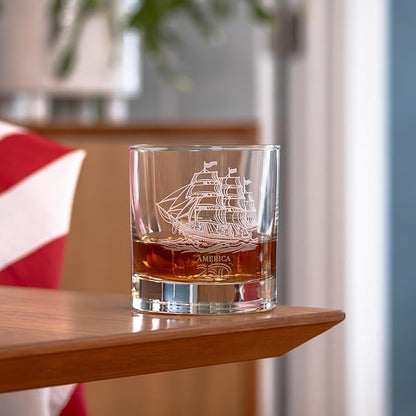 Rolf Glass America250™ Tall Ship On the Rocks Glass | 10oz Whiskey Glass | Made in America | Deep Engraved 13-Star Flag | Officially Licensed America250™ Product | Set of 2