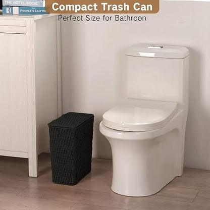 iEGrow Paper Rope Trash Can,Bathroom Trash Can with Lid, 3 Gallon Wicker Waste Basket with Removable Liner, for Bedroom, Living Room, Toilet, Under Sink Black