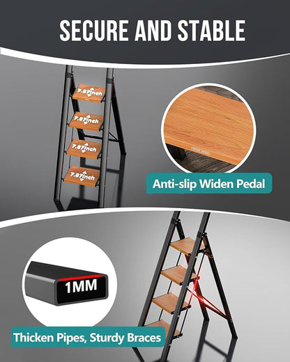 WOA WOA 4 Step Ladder, Ladders for Home, Anti-Slip Pedals, Aluminum Step Stool Foldable, Lightweight to Move, Ease of Storage, Reach 9ft for Closet Kitchen Library, Hold 300lbs - Black&Wood Grain
