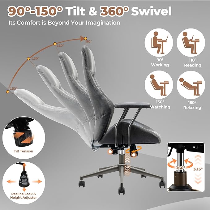 ovios Home Office Chair, Mid-Century Modern Faux Suede Leather Ergonomic Chairs, High Back Comfy Computer Swivel Rolling Task Executive Armchair, Grey