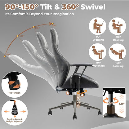 ovios Home Office Chair, Mid-Century Modern Faux Suede Leather Ergonomic Chairs, High Back Comfy Computer Swivel Rolling Task Executive Armchair, Grey