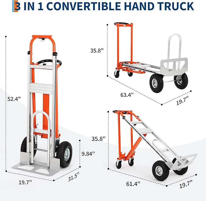 GarveeTech 3 in 1 Convertible Hand Truck Dolly, 770 LBS Load Capacity Folding Cart with Wheels, Elastic Straps, Aluminum Collapsible Dolly Cart for Home, Warehouse, Supermarket, Office