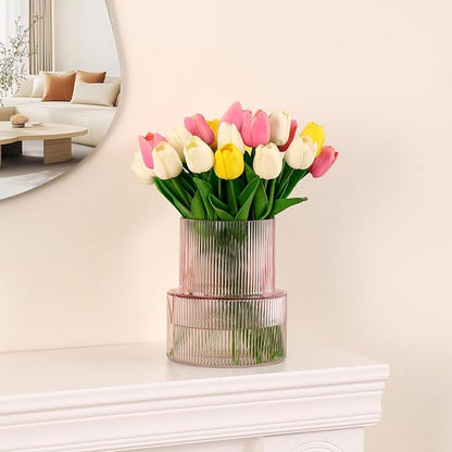 Pink Glass Vase, Ribbed Glass Vase for Tulips, Flower Vases for Bouquet, Pink Modern Vases for Living Room, Dining Table, Entryway, Mantle, Shelf, Wedding, Office, 7.5 Inches