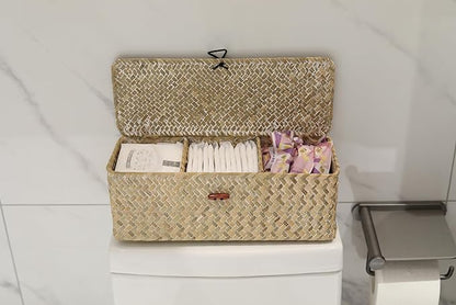 3 Section Seagrass Storage Basket, Handmade Shelf Baskets with Lid for Bathroom/Closet/Livingroom
