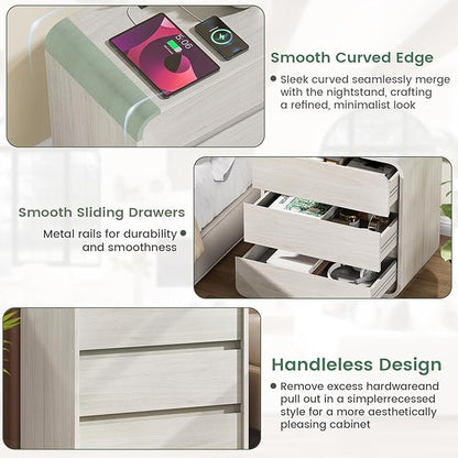 White Nightstand Set of 2 with Charging Station, 23.2" Wide Wood Night Stand, Modern Bedside Table with 3 Storage Drawers, Curved Profile, Mid Century End Table for Bedroom Office