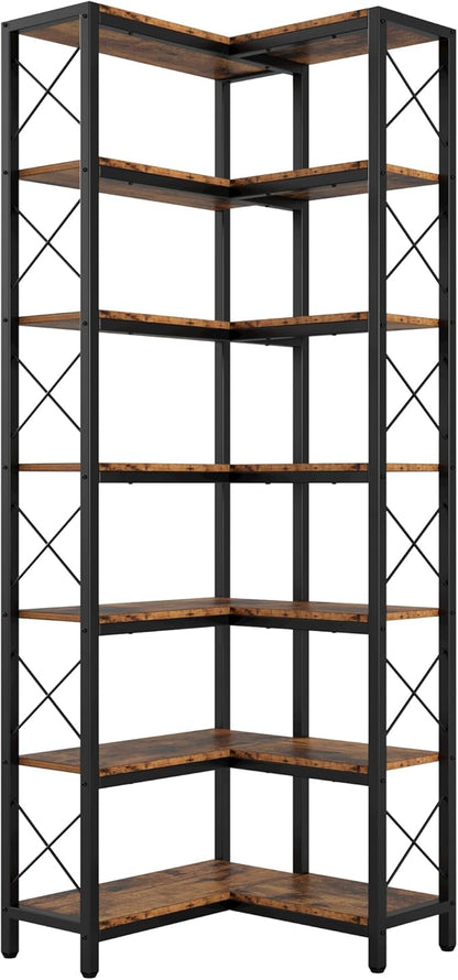 IRONCK Corner Bookshelf, 7-Tier Industrial Corner Bookcase, Tall Corner Shelf Storage Display Rack with Metal Frame for Living Room Home Office, Vintage Brown