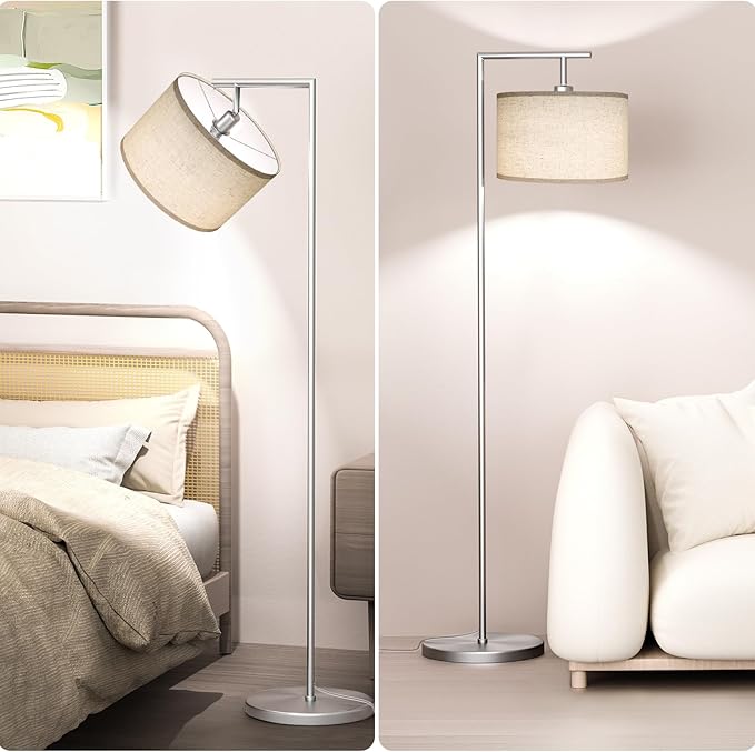 Floor Lamp for Living Room with 3 Color Temperatures Standing Lamp with Adjustable Beige Linen Lampshade Tall Lamps for Bedroom Office Classroom Dorm Room, 9W LED Bulb Included, Silver