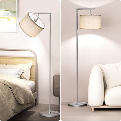 Floor Lamp for Living Room with 3 Color Temperatures Standing Lamp with Adjustable Beige Linen Lampshade Tall Lamps for Bedroom Office Classroom Dorm Room, 9W LED Bulb Included, Silver
