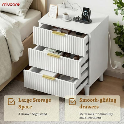 White Nightstand, 20 inch Fluted Modern Night Stand with Charging Station, Wooden Side Table with 3 Large Storage Drawers Modern Wood Bedside End Table for Bedroom Sofa Office