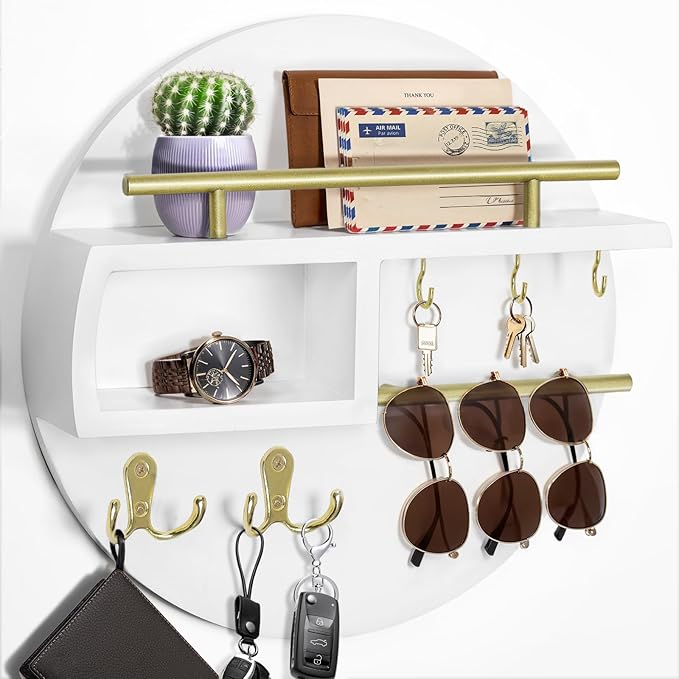 kuaima Key Holder Wall Mount, Round Wooden Key Rack with Shelf, Sunglasses Hanger, Storage Box, Multi Hooks, 12 Inch, White and Gold
