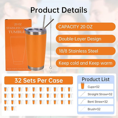 IEOVIEE 32 Pack, 20oz Stainless Steel Bulk Tumblers with Lids and Straws, Double Wall Insulated Travel Coffee Mug, Durable Powder Coated Tumbler Bulk Cup for Cold and Hot Drinks(Orange)