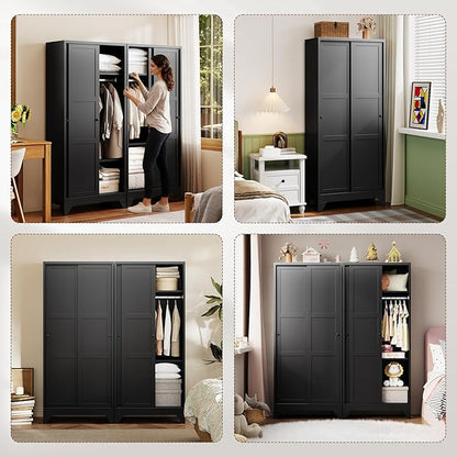 Letaya Metal Sliding Door Wardrobe Cabinets,68" Tall Armoire Wardrobe Closet with Sliding Doors and Shelves,Narrow Slim Coat Closet Cabinet with Hanging Rod,Space Saving for Home (Black)
