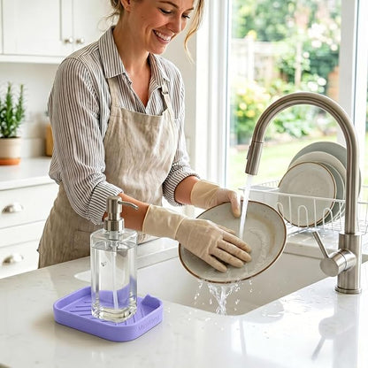 MicoYang Silicone Soap Dish with Drain Spout, Self-Draining Sink Organizer Tray for Bathroom & Kitchen, Sponges, Dispensers & Soap Holder, Non-Slip & Dishwasher Safe, Light Purple (Compact, 4.9"×3.2")