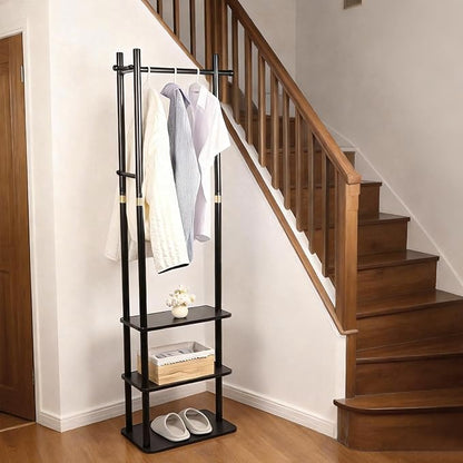 Wood Coat Rack Freestanding Clothing Rack with 3 Storage Shelves and 5 Hooks Coat Tree Heavy-Duty Garment Rack for Corner Entryways Living Rooms and Bedrooms, Black