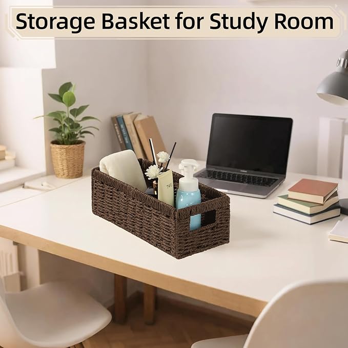 Paper Rope Wicker Storage Baskets with Handles, 2 Pack Foldable Storage Basket, Rectangle Wicker Basket, Small Wicke Baskets for Pantry Shelves, Toilet Paper Storage Basket for Bathroom, Brown