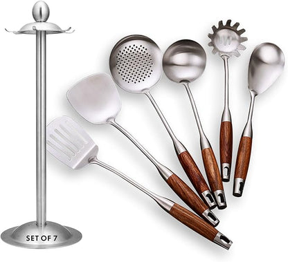 GXONE Cooking Utensils Set,7pcs 304 Stainless Steel Kitchen Utensils Set with Holder,Heat Resistant Wooden Handle Kitchen Tools