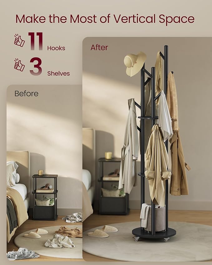VASAGLE Freestanding Coat Rack Stand, Coat Tree with 11 Hooks, 3 Shelves, 4 Removable 360° Swivel Wheels, Wooden Hooks and Poles, for Entryway, Bedroom, Living Room, Ink Black URCR023B01