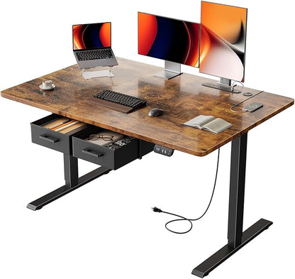 HLDIRECT Electric Standing Desk, 47 x 31.5 Inches Height Adjustable Table with Outlets, Sit Stand Computer Desk with Drawers for Home Office, Ergonomic Rising Workstation, Rustic Brown