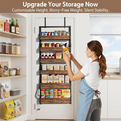 Over the Door Pantry Organizer: Pantry Organization and Storage with Hanging Basket - 6-Tier Adjustable Shelves Metal Spice Rack for Kitchen Laundry Room Bedroom & Bathroom