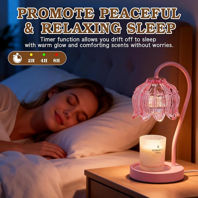 Funistree Flower Candle Warmer Lamp with Timer, Dimmable Candle Lamp Warmer, Christmas Birthday Gifts for Women Mom Her, Housewarming Home Decor, Lotus Wax Warmer for Yankee Candles - Full Pink