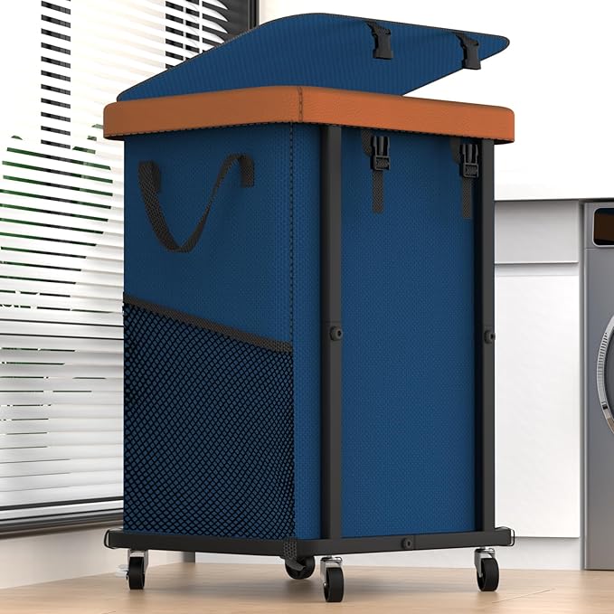 150L (40 Gal) Fashion Laundry Basket with Wheels, Leather Patchwork Rolling Hamper Carts, Sturdy Metal Frame, Removable Washable Bag, Tall Clothes Sorter for Bedroom, Laundry Room - Navy Blue