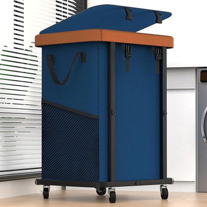 150L (40 Gal) Fashion Laundry Basket with Wheels, Leather Patchwork Rolling Hamper Carts, Sturdy Metal Frame, Removable Washable Bag, Tall Clothes Sorter for Bedroom, Laundry Room - Navy Blue