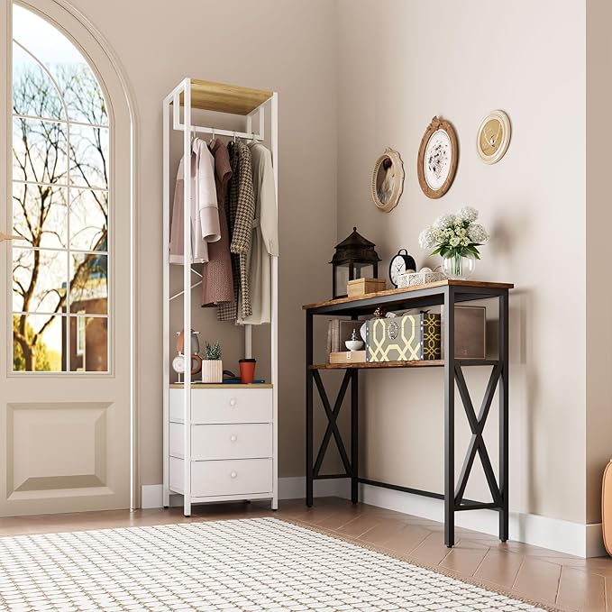 YMYNY Garment Rack, Clothes Rack with Drawers, Freestanding Tall Closet Organizer with 3 Fabric Drawers, Clothes Stand for Hanging Shirts, Coat,15.35" L×11.41" W×70.47" H Wood Color&White UHGR001R