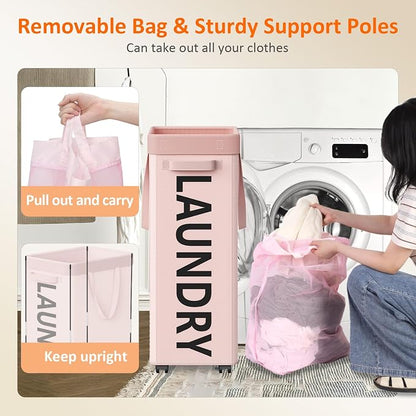 Optish 140L Laundry Hamper with Wheels, Rolling Laundry Basket with Removable Mesh Bag, Extra Large Clothes Hamper on Wheel for Bedroom, Bathroom, Dorm Room Essentials, Pink