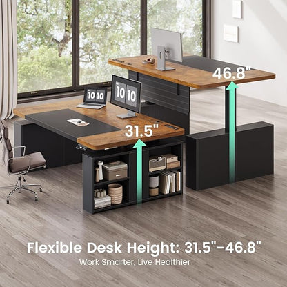 SEDETA 63" Executive Standing Desk with Storage, Executive Height Adjustable Desk with Power Outlets, Large Computer Office Desk with Privacy Panel for Home Office, Rustic Brown