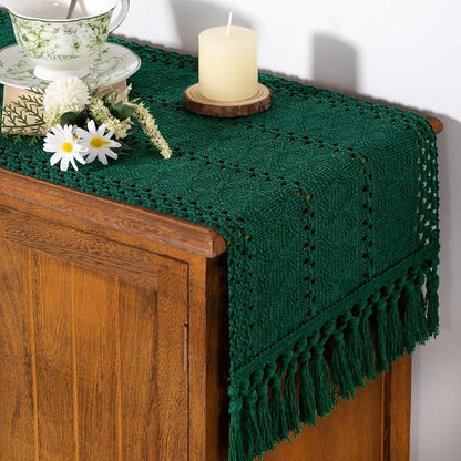 Socomi Boho Table Runner Macrame Valentine's Day Farmhouse Woven Cotton Linen Rustic Coffee Table Runner with Tassels for Small Dresser Scarf Home Decor Dining Room 12x72 inch Emerald Green