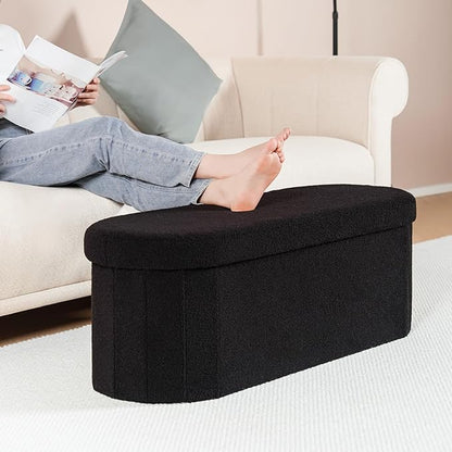 B FSOBEIIALEO Ottoman with Storage for Living Room, Sherpa Folding Storage Ottoman Foot Rest, 43.3 Inches Collapsible Bedroom Bench Black