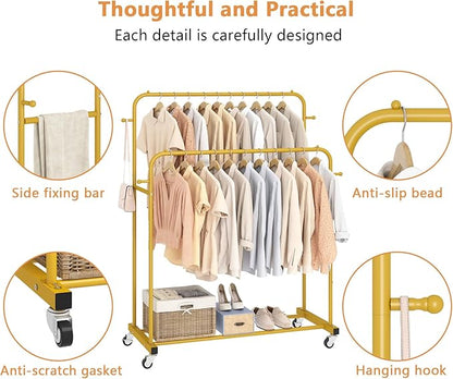 Laiensia Double Rods Garment Rack with Wheels, Clothing Rack for Hanging Clothes,4 Hooks, Multi-functional Bedroom Clothes Rack, Gold