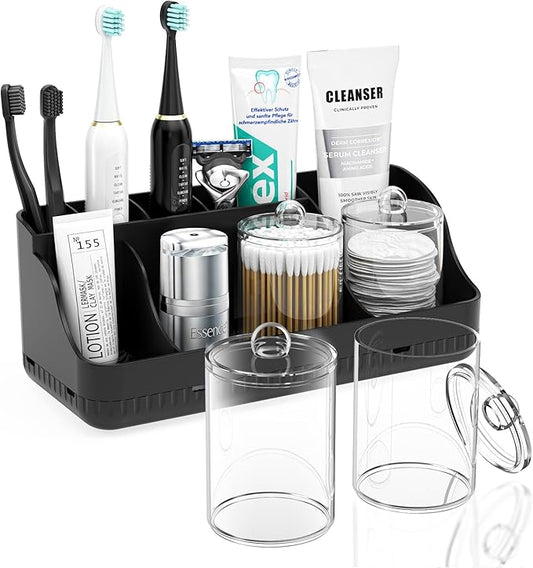 Bathroom Counter Organizer and Storage with 2 Pack Qtip Holder Dispenser, 7 Slots Detachable Toothbrush Holders for Bathrooms, Anti-Slip Electric Toothbrush and Toothpaste Holder Countertop