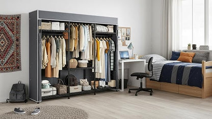 Raybee Clothes Rack with Cover, Clothing Racks for Hanging Clothes with Adjustble Shelves,Portable Closet 15.74''D x 56.02''W x 75.4''H Hold 800LBS for Bedroom, Apaertment, Dorm, Space Saving, Grey