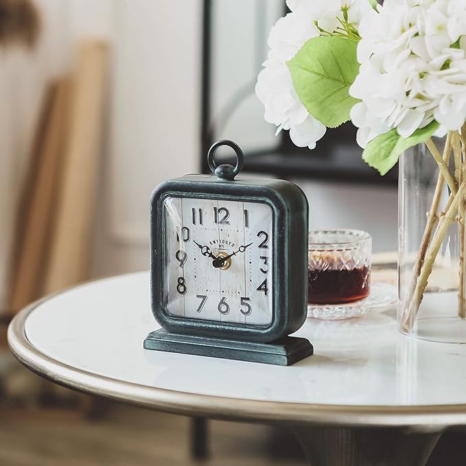 NIKKY HOME Vintage Table Clock, Shelf Desk Top Clock Battery Operated Rustic Design, Chic Home Decor for Fireplace Mantel, Desktop, Countertop - Antique Turquoise