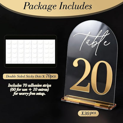 Crystal Clear Acrylic Wedding Table Numbers 1-30 Set, Self-Standing Modern Arched Signs for Reception Seating, Anniversary & Bridal Shower, Elegant Wedding Decor (5x7 Inches)