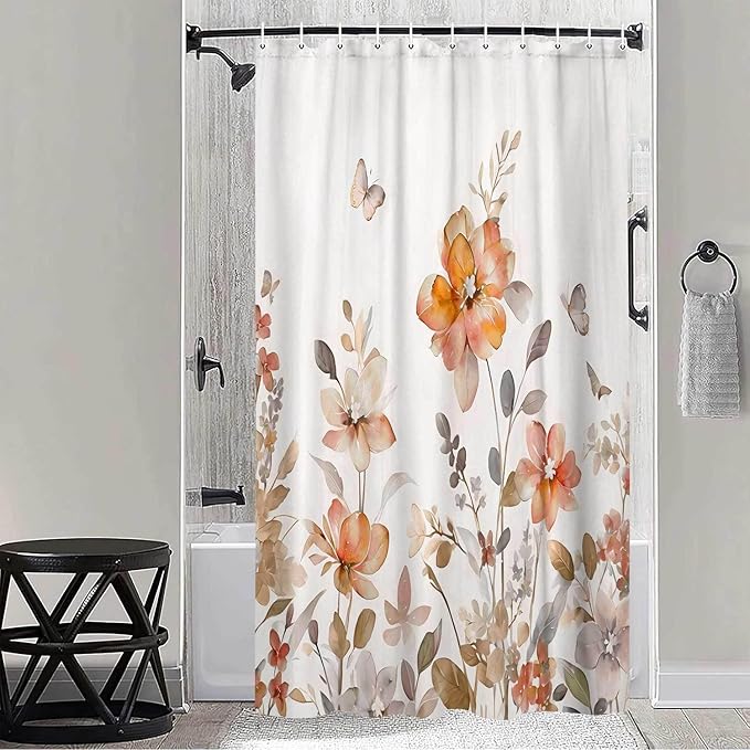 Orange Floral Shower Curtain, Orange Lavender Floral Butterfly Boho Shower Curtains for Bathroom, Farmhous Flower Cute Fabric Shower Curtain Set with 12PCS Hooks, 70X75IN
