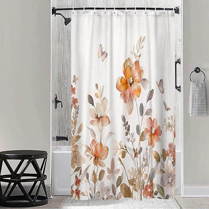 Orange Floral Shower Curtain, Orange Lavender Floral Butterfly Boho Shower Curtains for Bathroom, Farmhous Flower Cute Fabric Shower Curtain Set with 12PCS Hooks, 70X75IN