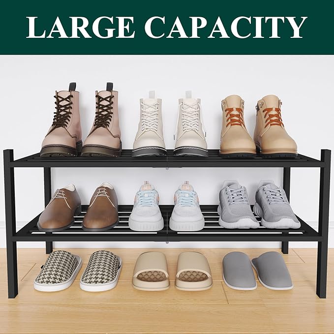 Smiry Bamboo Shoe Rack 2-Tier, Stackable Wooden Shoe Organizer for Entryway & Closet, Free Standing Wood Shoe Storage Shelf for Front Door & Small Spaces, Black