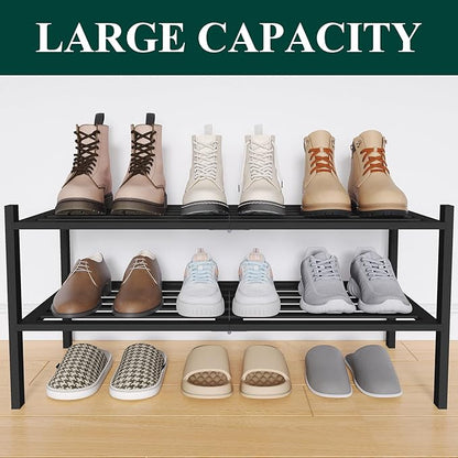 Smiry Bamboo Shoe Rack 2-Tier, Stackable Wooden Shoe Organizer for Entryway & Closet, Free Standing Wood Shoe Storage Shelf for Front Door & Small Spaces, Black