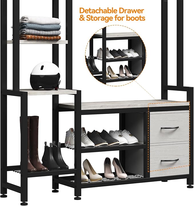 Hall Tree for Entryway 43", Bench with Shoe Storage, Large Coat Rack Shoe Bench with 5 Tier Shelves, 5 in 1 Design Front Door Shoe Rack and Wall Rack Hooks, and 2 Drawers (Rustic White)