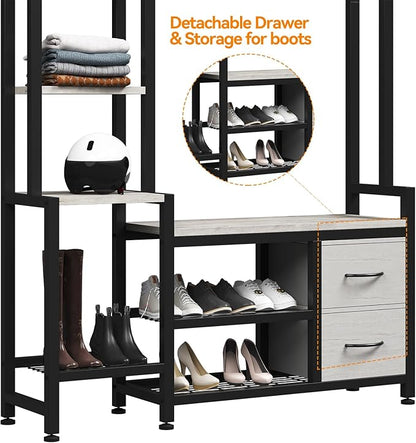 Hall Tree for Entryway 43", Bench with Shoe Storage, Large Coat Rack Shoe Bench with 5 Tier Shelves, 5 in 1 Design Front Door Shoe Rack and Wall Rack Hooks, and 2 Drawers (Rustic White)