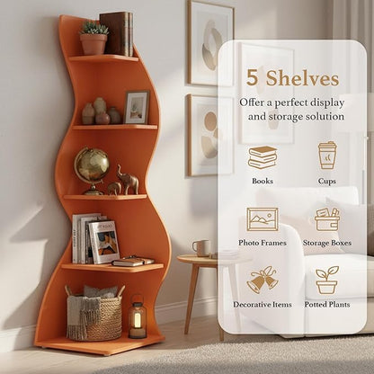 Arvolia 70 Inch Corner Bookshelf, Modern 5-Tier Small Bookshelf with Unique Curved Design, Freestanding Vertical Storage Shelf for Living Room, Bedroom or Home Office(Orange)